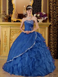 Pretty Blue Ball Gown Strapless Organza Appliqued Quinceanera Gown