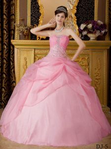 Rose Pink Strapless Organza Low Price Quinceanera Dress with Beading