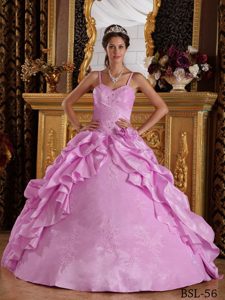 Pink Ball Gown Straps Taffeta Quince Dresses with Beading and Appliques