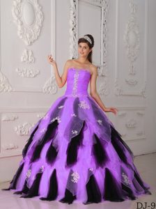 Nice Strapless Organza Appliqued Dress for Quince in Lavender and Black