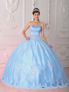 Light Blue Strapless Affordable Quince Dresses with Lace and Appliques