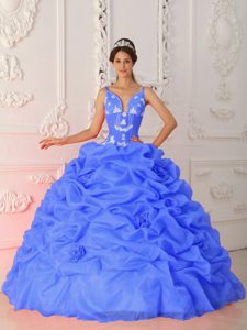 Lovely Straps Satin and Organza Quinces Dresses with Appliques in Blue