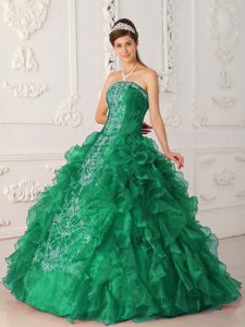 Green Satin and Organza Dress for Quince with Embroidery on Promotion