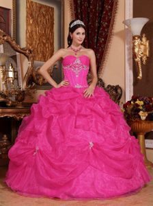 Hot Pink Ball Gown Sweetheart Nice Organza Quince Dress with Beading