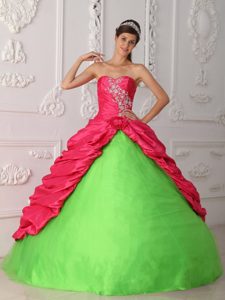 Affordable Sweetheart Appliqued Taffeta Quince Dress in Green and Red