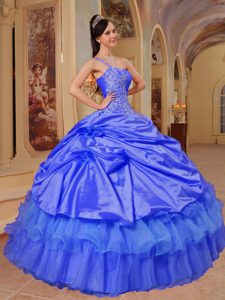 One Shoulder Blue Cheap Dress for Quinceanera in Taffeta with Appliques