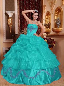 Beaded Organza Strapless Cute Sweet Sixteen Quince Dress in Turquoise