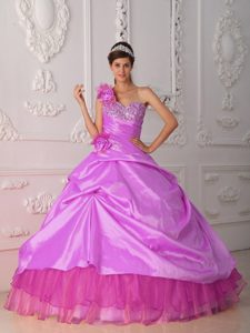 One Shoulder Low Price Taffeta and Organza Quince Dresses in Hot Pink