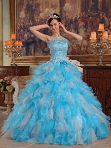 Aqua Blue Strapless Organza Quince Gowns with Appliques on Promotion