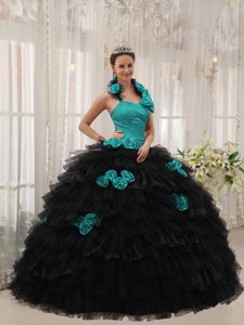 Halter-top Ruffled Dress for Quinceanera with Hand Made Flowers in Teal and Black