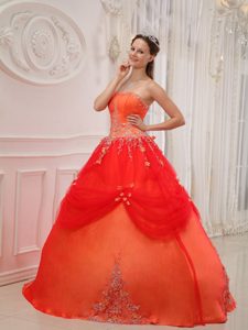Orange Red Strapless Long Sweet Sixteen Dresses with Appliques and Beads