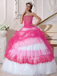 Cheap Strapless Dress for Quinceanera with Beadings in Hot Pink and White on Sale