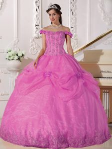 Hot Pink Off The Shoulder Sweet 16 Dress with Appliques and Hand Made Flowers