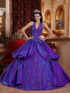 Glitz Purple Halter-top Quinceanera Dress in Taffeta with Embroidery and Pick-ups