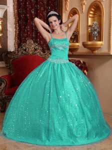 Spaghetti Straps Sweet Sixteen Dresses in Turquoise with Beadings and Appliques