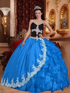 Baby Blue and Black Halter-top Quinceanera Dresses with Embroidery and Ruffles