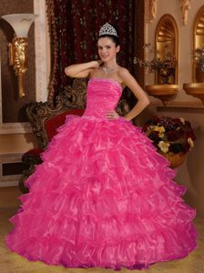 Classy Ruffled Organza Sweet 16 Dresses with Beadings and Strapless in Hot Pink