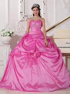 Hot Pink Ruched and Appliqued Quinceanera Gown Dresses with Handle Flowers