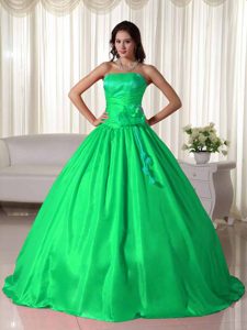 Strapless Long Spring Green Quinceanera Gown Dresses with Handle Flower