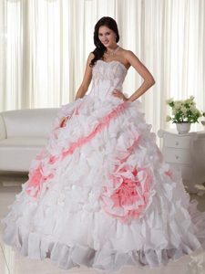 Glitz Appliqued and Ruffled Quince Dress with Rolling Flowers in White and Peach