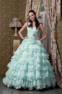 Baby Blue One Shoulder Quinceanera Dresses with Beads and Ruffled Layers