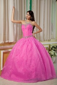 Rose Pink Ball Gown Dress for Quinceanera with Beadings and Strapless on Sale