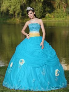 Glitz Aqua Blue Quinceanera Gown Dresses with Ruches and Hand Made Flowers