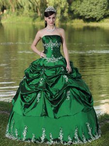 Beaded and Appliqued Taffeta Quince Dress in Green with Pick-ups on Promotion