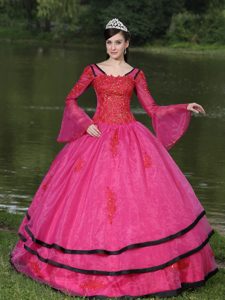 Inexpensive Cool Neckline Appliqued Quinceanera Dress with Long Sleeves in Red