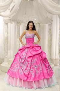 One Shoulder Quinceanera Gown Dresses in Hot Pink and White with Appliques
