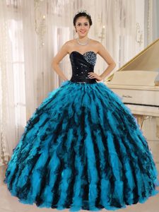 Beaded and Ruffled Quinceanera Dresses in Black and Blue with Sweetheart Neck