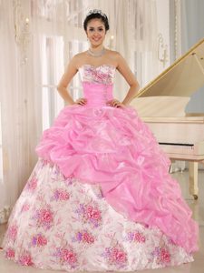 Sweetheart Printed Sweet 16 Dresses with Pick-ups and Beads in Organza and Satin