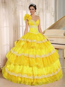 One Shoulder Dress for Quinceanera with Appliques and Ruffled Layers in Yellow