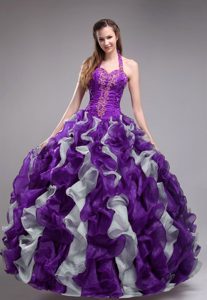 Purple and White Halter-top Quince Dress in Organza with Appliques and Ruffles