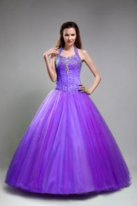 Halter-top Long Dress for Quinceanera in Purple with Beads on Promotion