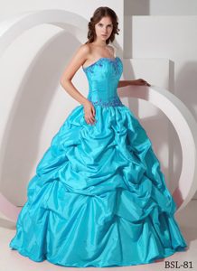 Aqua Blue Appliqued Quince Dresses with Pick-ups in Taffeta in the Mainstream