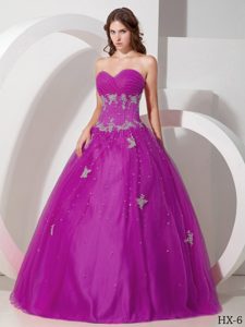 Fuchsia Beaded and Appliqued Quinceaneras Dress with Sweetheart Neck for 2014