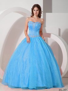 Clearance Appliqued Dresses for Quinceanera with Sweetheart Neck in Aqua Blue