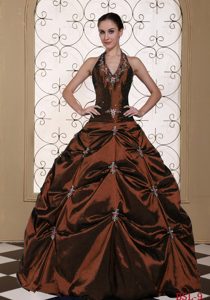Halter Top Ball Gown Sweet Sixteen Dress in Taffeta with Appliques and Pick-ups