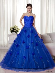 Sweetheart Beading Dress for Quinceanera with Hand Made Flowers in Blue