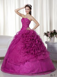 Glitz Beaded and Ruched Sweet Sixteen Quinceanera Dress in Fuchsia with Ruffles