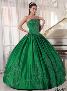 Ball Gown Strapless Dark Green Sweet 15 Dress for 2014 with Embroidery in Satin