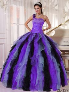 Beaded and Ruffled Organza Dresses for Quince with One Shoulder in Multi-color