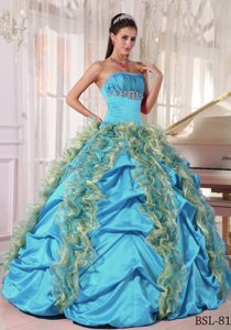 Ruffled and Appliqued Sweet 16 Quinceanera Dresses with Pick-ups in Aqua Blue