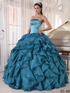 Teal Strapless Quince Gown Dresses with Ruffles and Beads in Satin and Organza