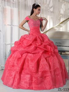 Watermelon Off The Shoulder Quinces Dress with Pick-ups in Taffeta and Organza