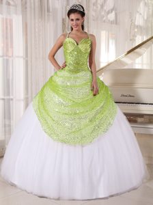 Halter-top Yellow and White Quinceanera Gown Dresses with Ruches and Sequins