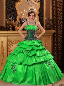 Green Ball Gown Straps Quinceanera Gown in Taffeta with Pick-ups and Appliques