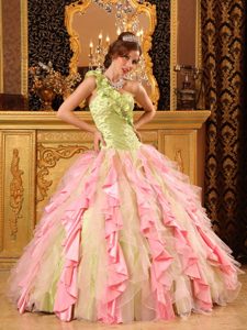 Multi-colored One Shoulder Quinces Dresses with Ruffles in Taffeta And Organza