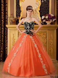 Sweetheart Beaded Quinceanera Gown sin Orange Red and Black with Embroidery